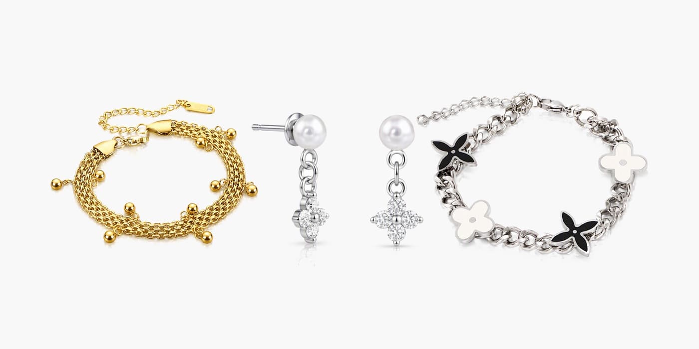 Silver Classic Flower Earrings & Bracelet Layered Set