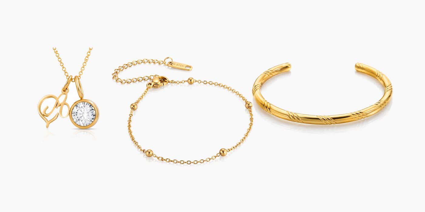 Gold Minimalist Initial Necklace & Bracelet Layered Set