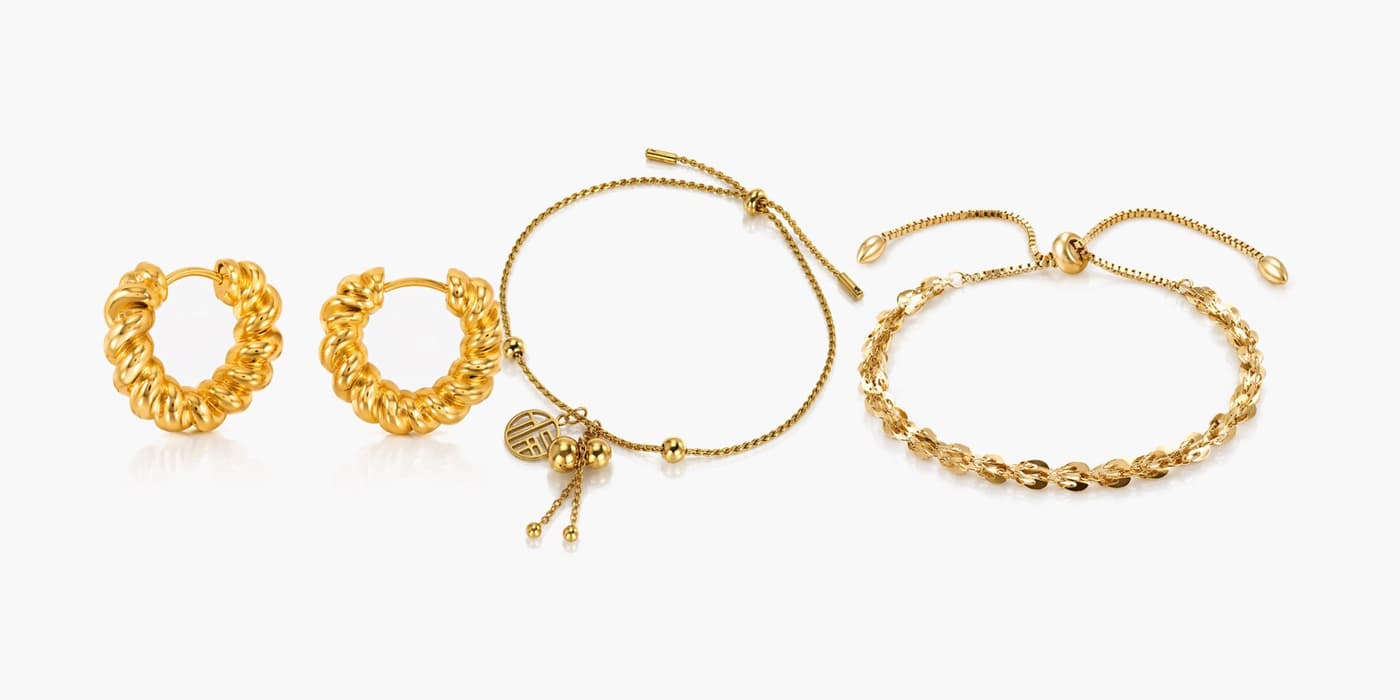 Gold Classic Earrings & Bracelet Layered Set