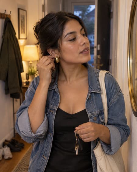 Fastening a gold hoop earring at a small hallway mirror on the way out, tote bag on her shoulder, keys in hand