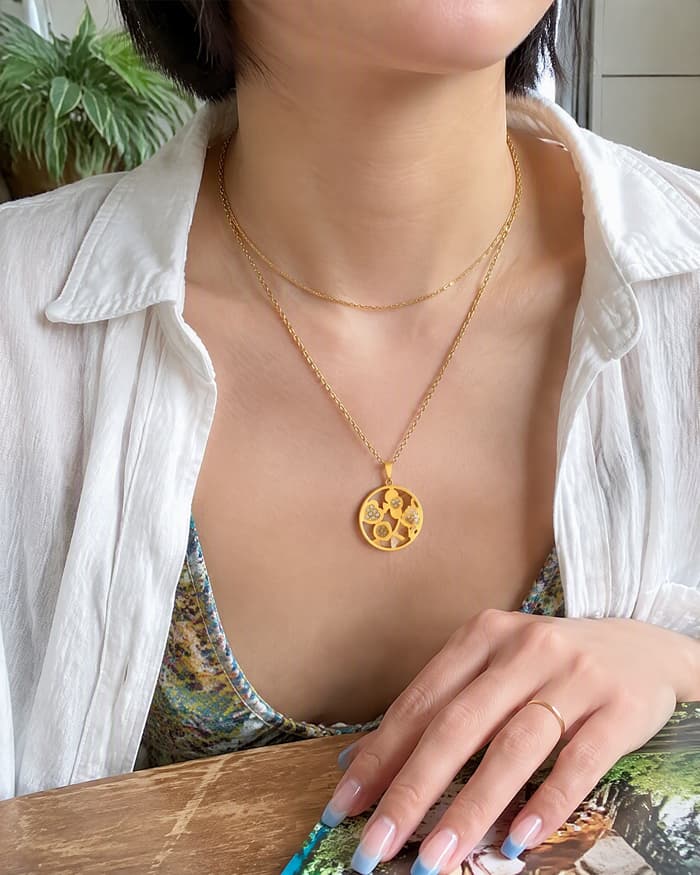 Floral Circle Pendant Necklace — worn