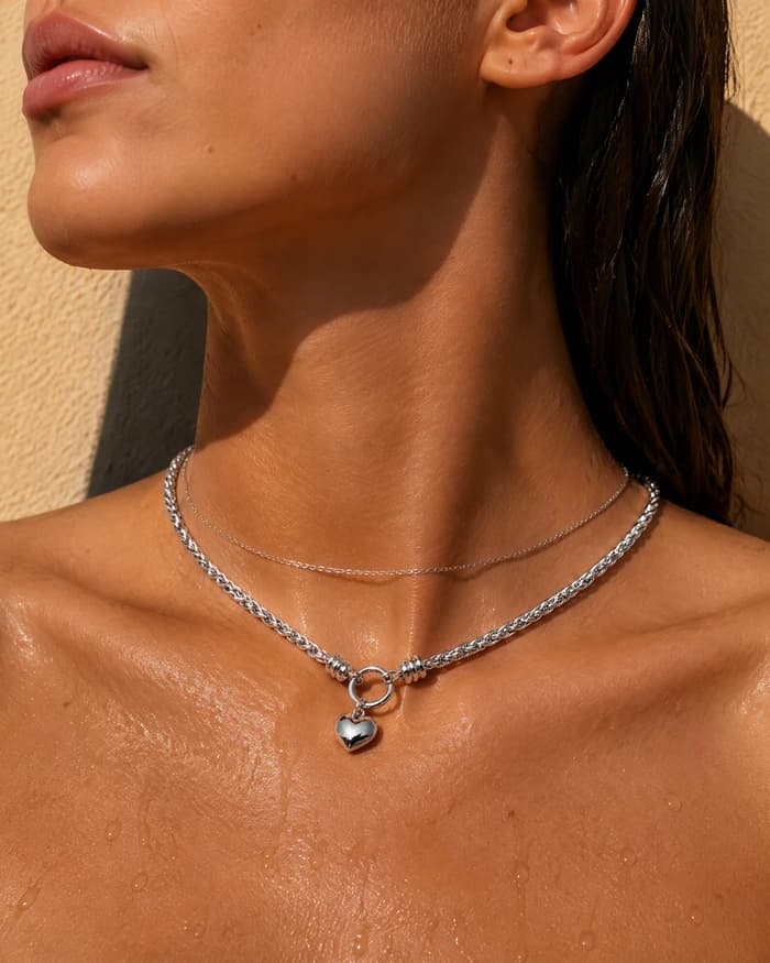 Braided Chain Heart Pendant Necklace — worn
