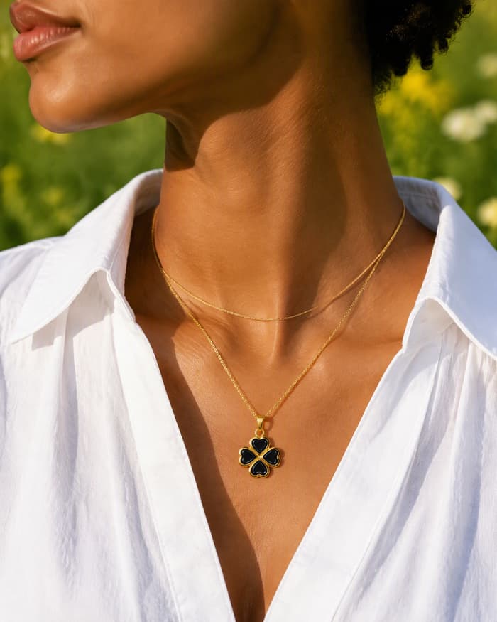 Cute Four-Leaf Clover Pendant Necklace — worn