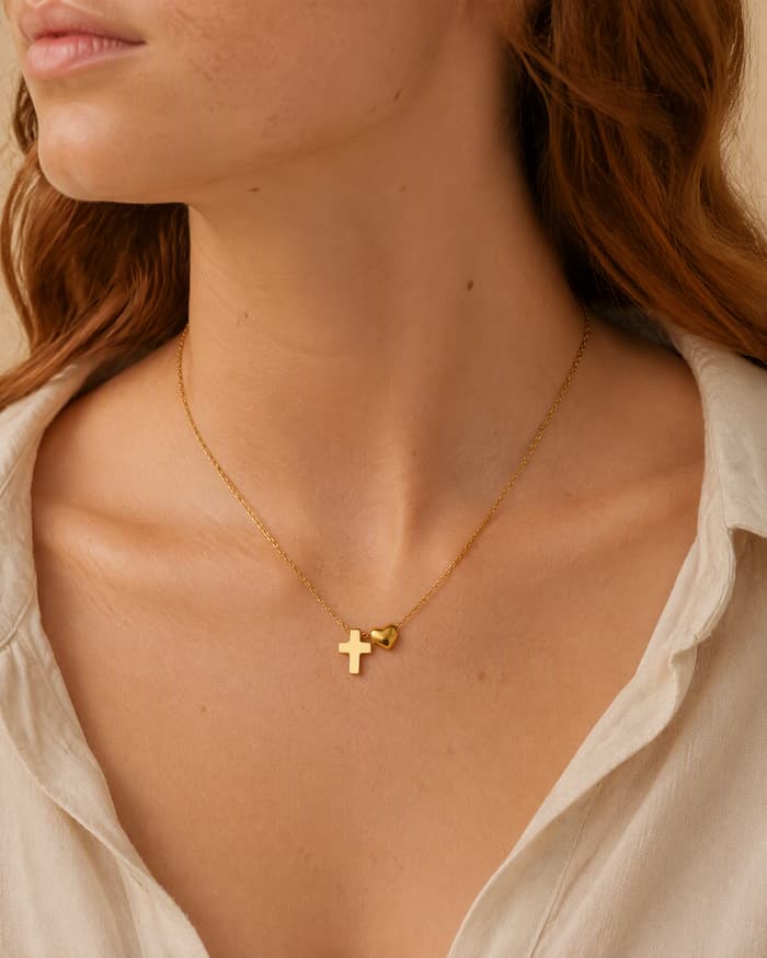 Dainty Cross Heart Charm Necklace — worn
