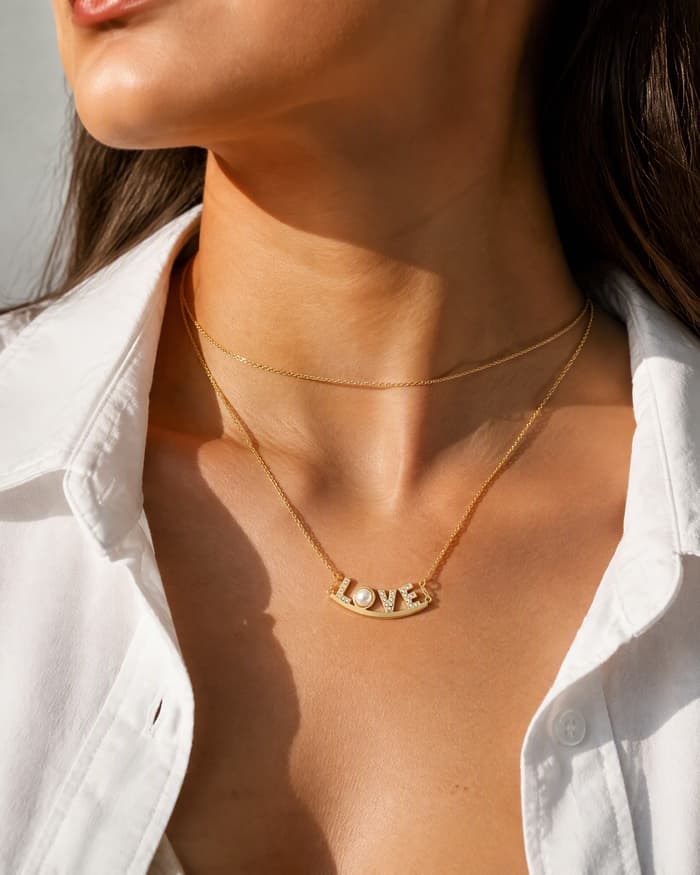 Dainty Love Letter Pearl Necklace — worn