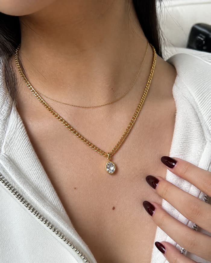 Minimalist Oval Stone Pendant Necklace — worn