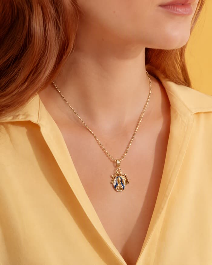 Virgin Mary Oval Pendant Necklace — worn