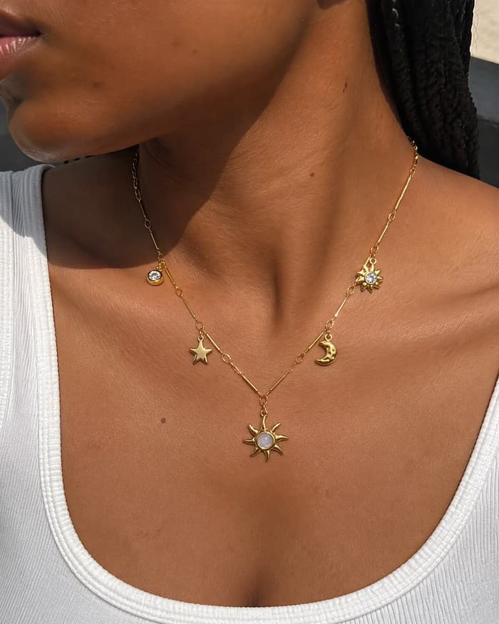 Trendy Sun Moon Star Charm Necklace — worn