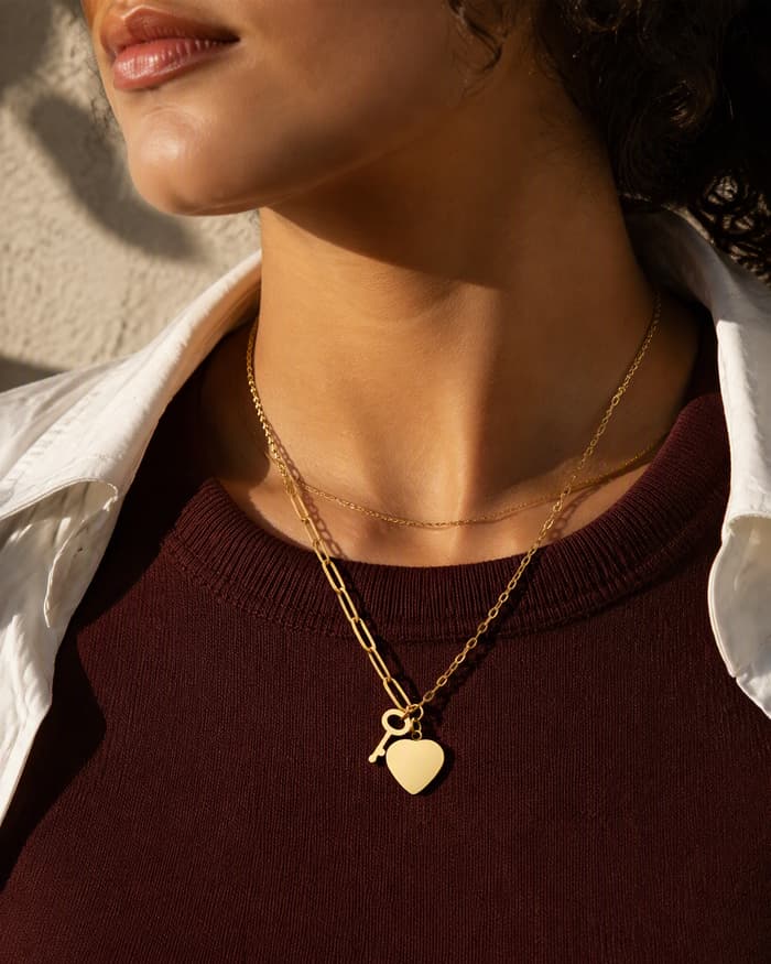 Dainty Heart And Key Charm Necklace — worn