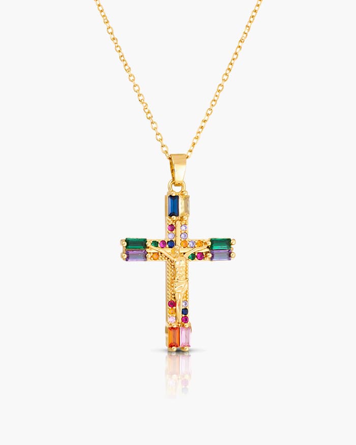 Multicolor Gem Cross Pendant Necklace
