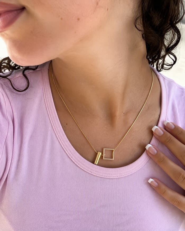 Minimalist Bar Square Snake Chain Necklace — worn