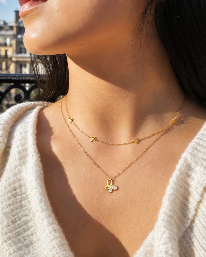 Dainty Butterfly Layered Necklace — worn
