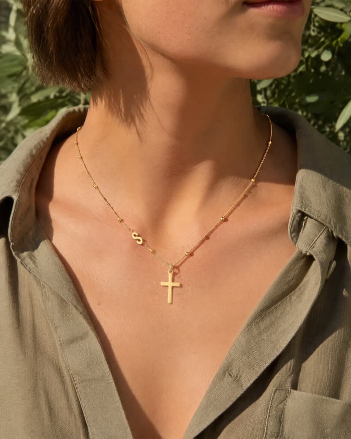 Dainty Cross Beaded Necklace — worn