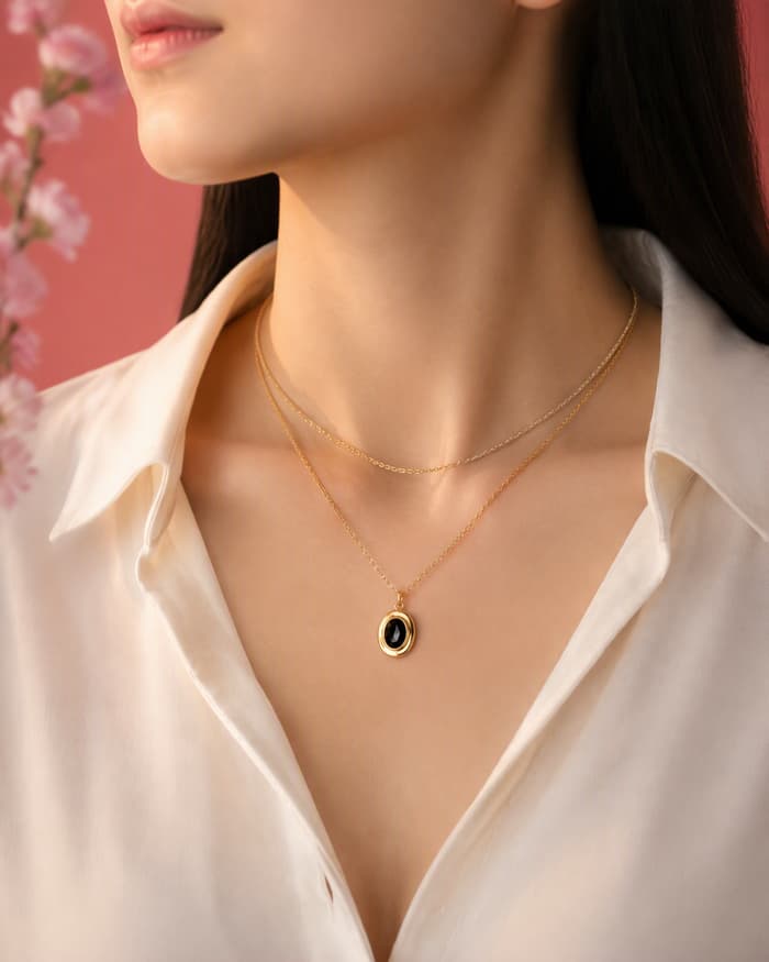 Dainty Oval Stone Pendant Necklace — worn