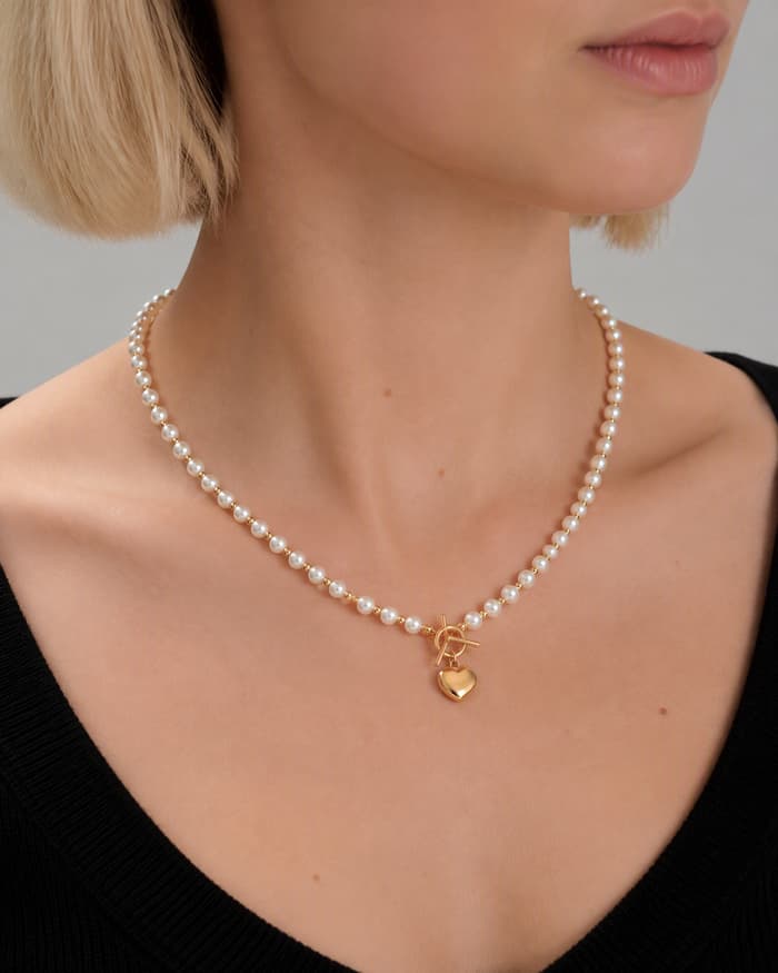 Pearl Heart Charm Necklace — worn