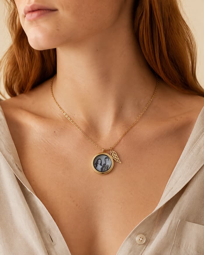 Round Photo Locket Necklace — worn
