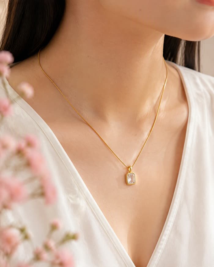 Dainty Geometric Stone Pendant Necklace — worn