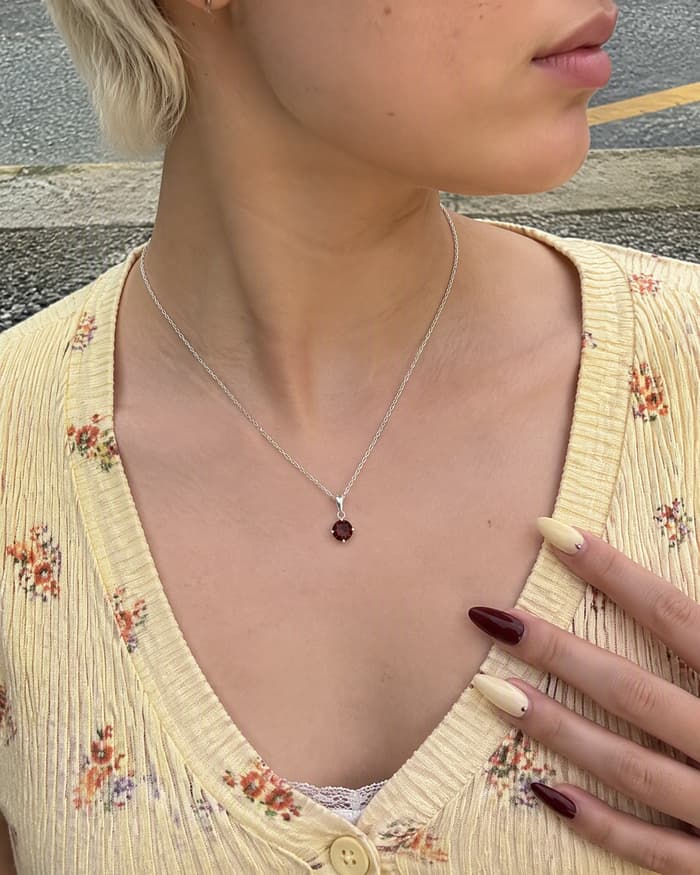 Minimalist Round Stone Pendant Necklace — worn