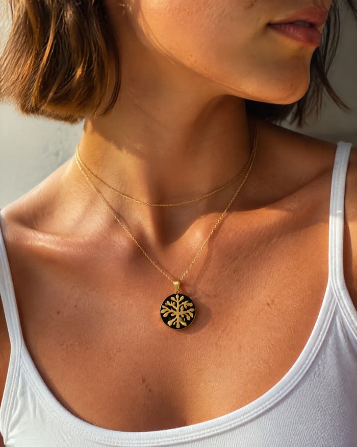 Tree Branch Disc Pendant Necklace — worn