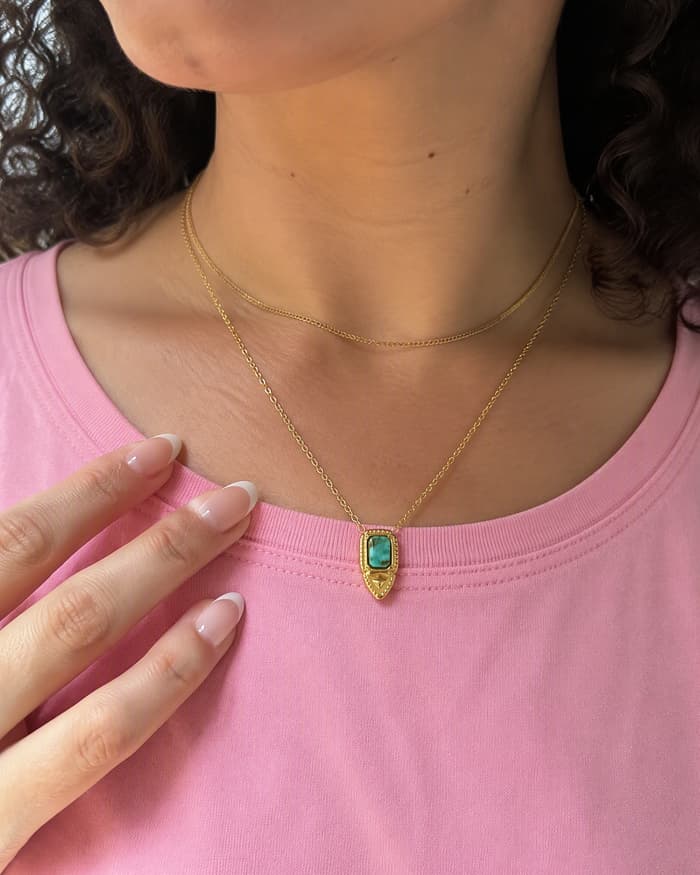 Dainty Rectangular Stone Pendant Necklace — worn