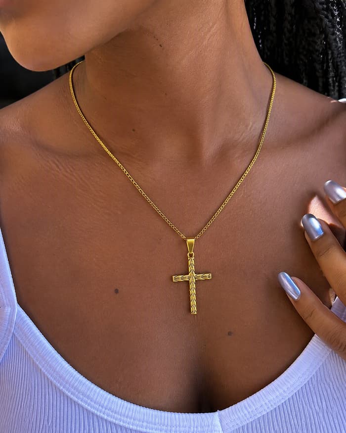 Textured Cross Pendant Necklace — worn