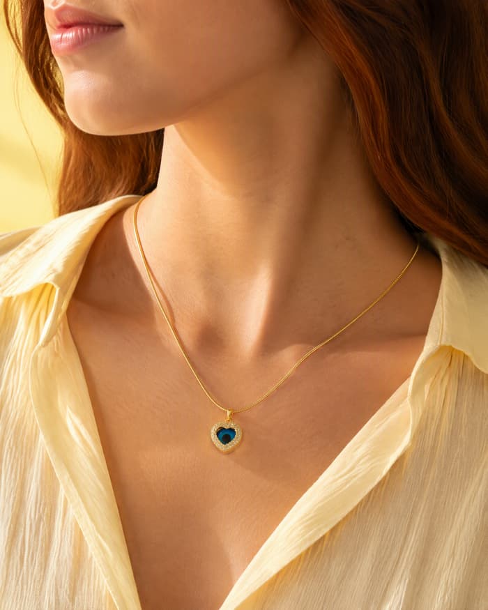 Dainty Evil Eye Heart Pendant Necklace — worn