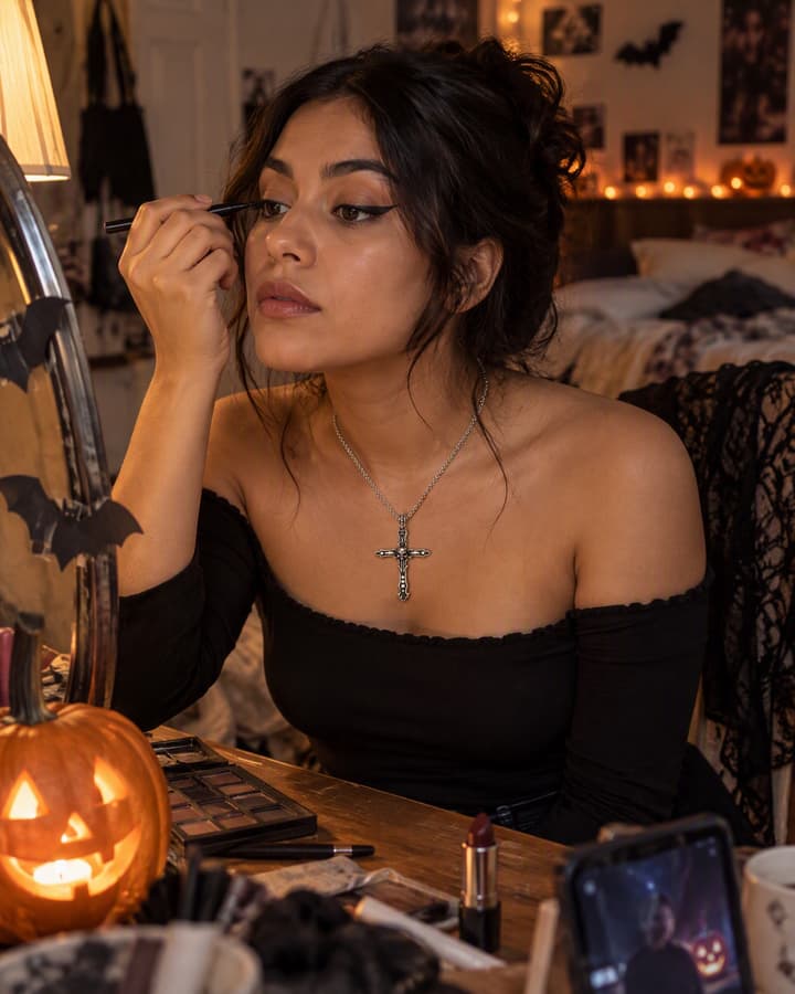 Drawing black eyeliner at a cluttered dressing table the night before Halloween, a carved pumpkin glowing beside the mirror, a silver skull cross pendant at her collarbone