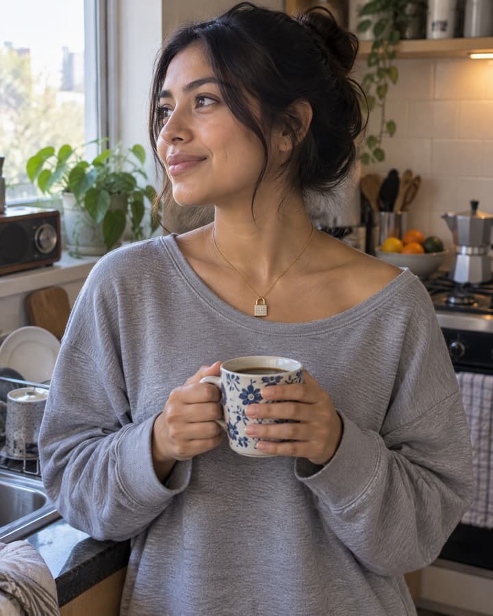 A slow weekday morning in a small kitchen, both hands around a mug of coffee, looking out of the window, a gold heart padlock pendant on a wide grey crewneck