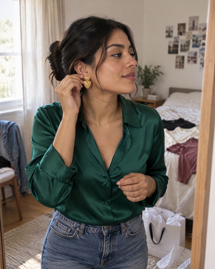 Holding a gold heart drop earring up to her ear in front of a full-length mirror, trying on a new green satin blouse, other tops thrown across the bed