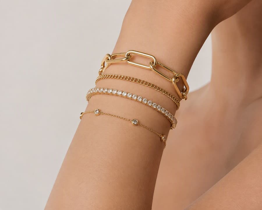 Four gold-tone bracelets stacked on a wrist — a wide link chain, a curb chain, a stone-set line and a fine station chain — all evenly finished