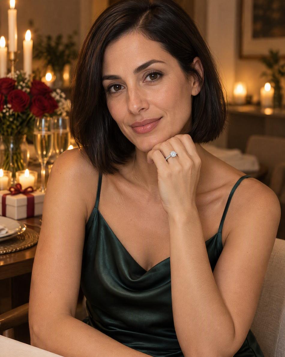A woman wearing a solitaire ring at an evening dinner with roses