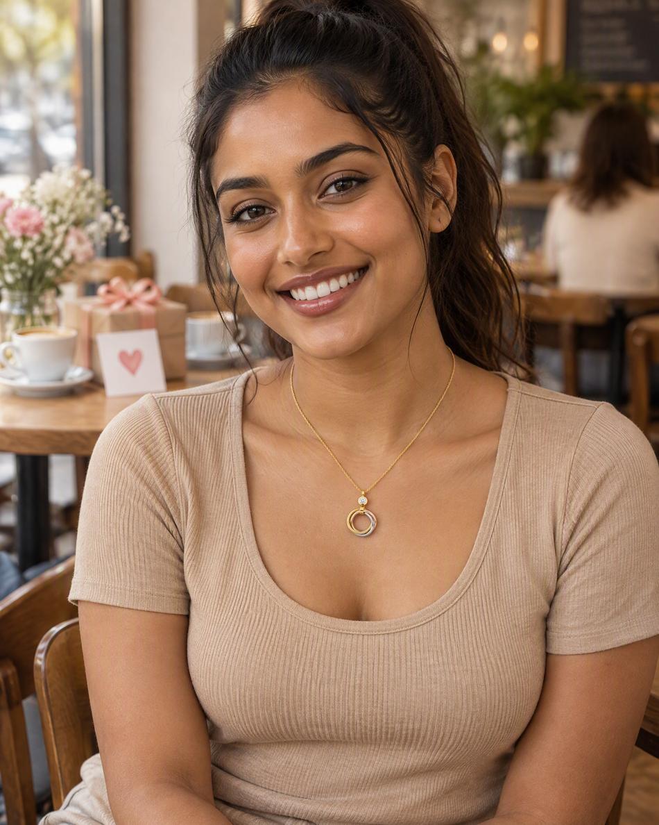 A woman wearing a circle pendant necklace at a café table with a wrapped present