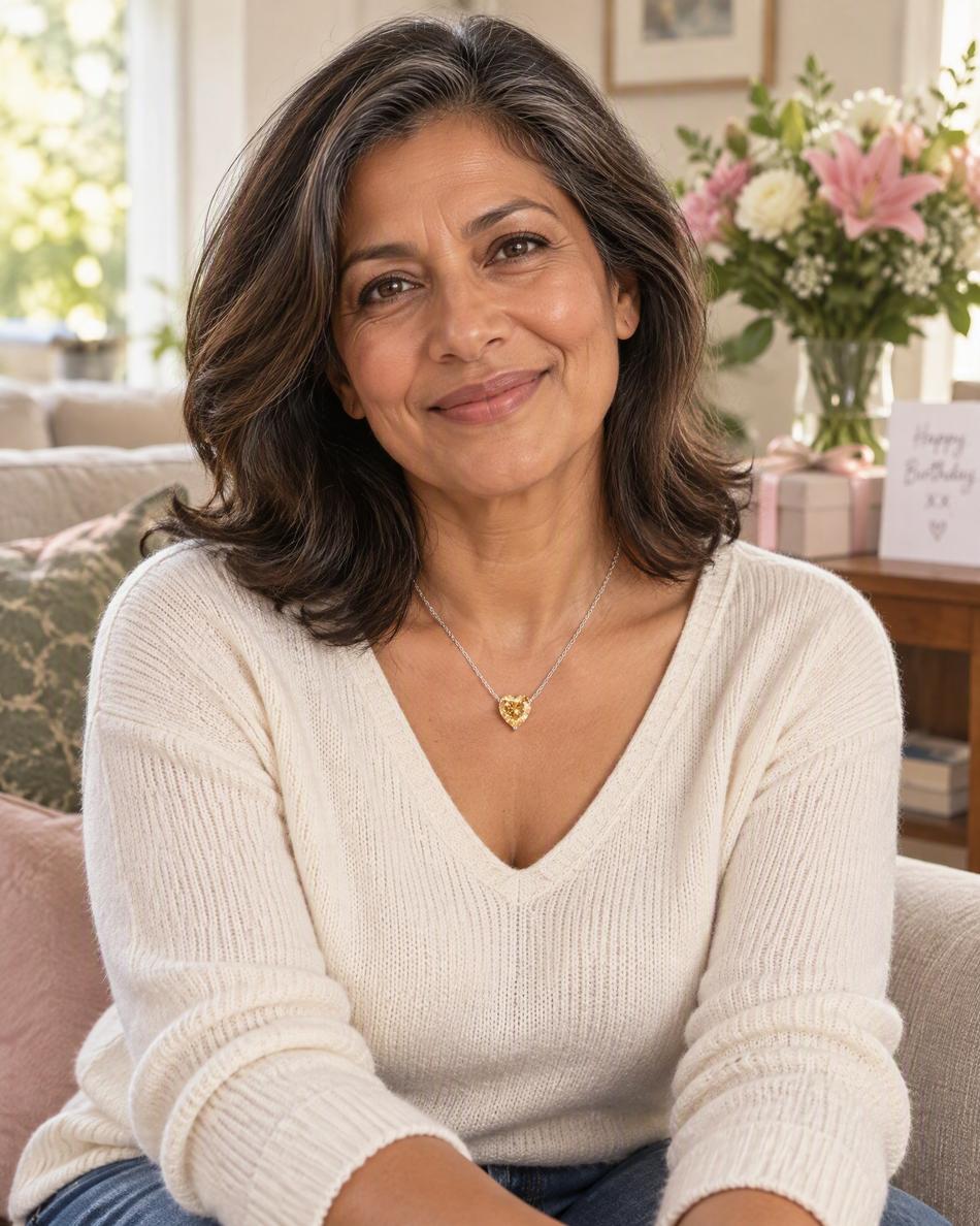 A woman wearing a heart pendant necklace in a living room with flowers and a gift